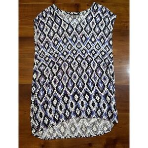 Charlie Jade Women's Purple Geometric V Neck Short Sleeve Tunic Blouse Sz M